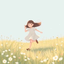 A young girl running through a meadow, her hair blowing in the wind as soft flowers dance around her, under a light blue sky.