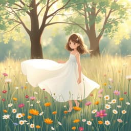 A young girl in a flowing white dress, surrounded by colorful wildflowers in a serene meadow, with soft sunlight filtering through the trees.