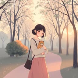 A young woman walking through a park, holding a small cat in her arms, with pastel-colored trees and a soft golden hour glow.