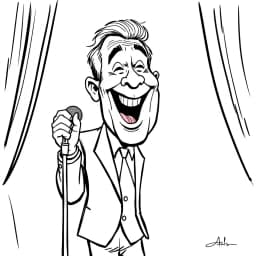 A comedian delivering a punchline on stage, with bold lines and exaggerated facial expressions to highlight their humor and lively presence.

