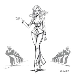A fashion model striking a pose on the runway, with long, expressive lines that emphasize the dramatic features of the outfit and the movement.

