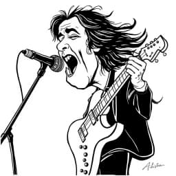 A rock star in the middle of a live performance, with flowing lines depicting their passion and high-energy movements, exaggerated facial features, and vibrant performance.
