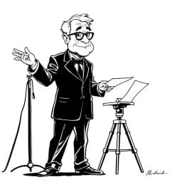 A classic film director giving instructions on set, with large expressive lines and exaggerated features that capture their intensity and presence.


