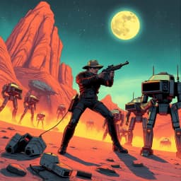A retro-futuristic bounty hunter confronting a robot army in a glowing neon desert