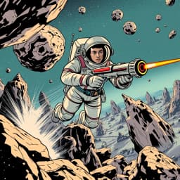 A fearless astronaut floating through an asteroid belt with a raygun drawn