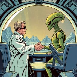 A scientist and an alien diplomat shaking hands aboard a glass-domed space