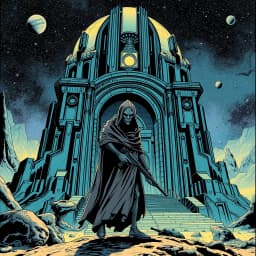 A mysterious cloaked alien standing before an ancient galactic temple
