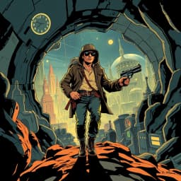A time traveler emerging from a wormhole into a 1950s-style futuristic cityscape