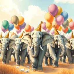A parade of elephants wearing party hats and balancing colorful balloons in a sunny