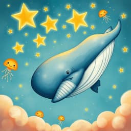A gentle whale swimming through a sky filled with glowing stars and smiling jellyfish