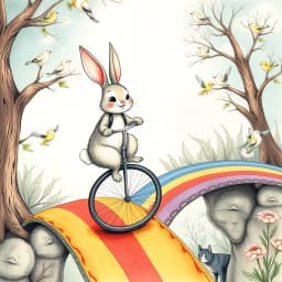 A cheerful bunny riding a unicycle across a rainbow bridge while birds cheer from the trees