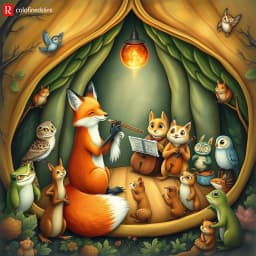 A clever fox conducting a woodland orchestra of frogs, owls, and squirrels in a leaf-shaped concert hall