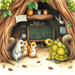 A class of curious squirrels learning numbers from a wise turtle in a treehouse classroom