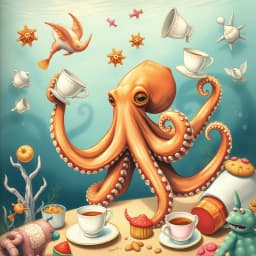 An octopus joyfully juggling beach toys, teacups, and cookies at an underwater tea party