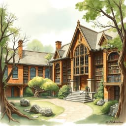A public library with exposed brick walls, large windows, and natural wooden elements, seamlessly blending with the surrounding park landscape.
