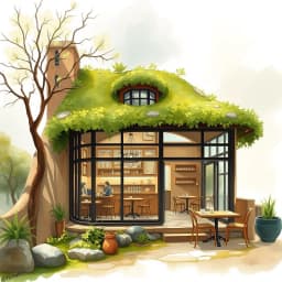 A small community café with a minimalist design, featuring open spaces, large glass windows, and a green roof that blends into the urban environment.