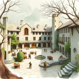 A modern school with low-rise, concrete buildings, outdoor learning areas, and a spacious courtyard, designed to foster community and collaboration.