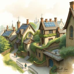 An eco-friendly neighborhood with solar panels on the rooftops, pedestrian walkways, and green spaces, promoting sustainable living.