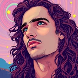 A portrait of a man with long, curly hair, gazing at the stars with soft, ambient light gently surrounding him.