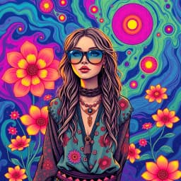 A woman in a bohemian-inspired outfit with oversized glasses, standing against a backdrop of swirling cosmic patterns, with glowing flowers and trippy typography surrounding her.
