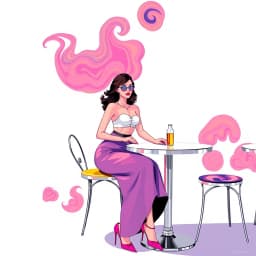 A chic woman in a high-waisted skirt and crop top, sitting at a minimalist café table, with a clean white backdrop and soft ambient light.