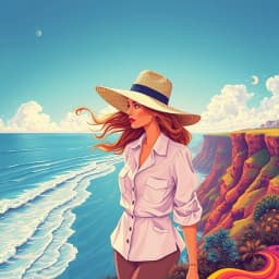 A fashionable woman in a white blouse and wide-brimmed hat, strolling along a coastal cliffside with the wind gently blowing her hair and the ocean in the background.