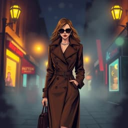 A stylish woman in a leather trench coat, walking through a foggy street at night with glowing street lamps, creating a cinematic and mysterious mood.