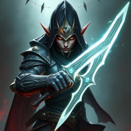 a shadow elf assassin wielding twin daggers of light