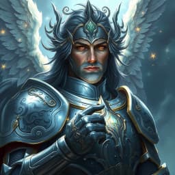a celestial knight blessed by the stars and clad in silver armor