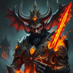 a demon prince with molten armor and a flaming sword