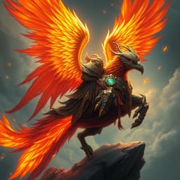 a phoenix rider descending from the sky with wings of fire