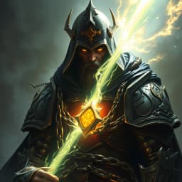 a cursed paladin wrapped in holy chains and radiant light