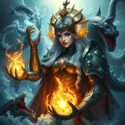 an ocean sorceress summoning tidal energy and sea beasts
