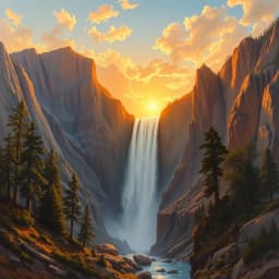 A dramatic waterfall cascading through a rocky canyon, surrounded by pine trees and illuminated by a setting sun.