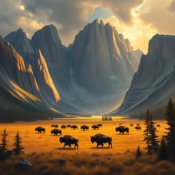 A herd of wild bison crossing a glowing plain beneath towering cliffs and stormy skies.