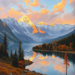 An alpine lake nestled between snow-capped mountains, reflecting fiery autumn trees and a pastel evening sky.