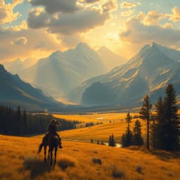 A panoramic view of the American West, with distant mountains, open meadows, and golden light pouring over a lone rider.