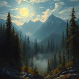 A moonlit forest clearing with mist drifting through the trees, lit by soft silver light and backed by distant peaks.