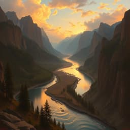 A river winding through a canyon at dusk, glowing with reflections of clouds, cliffs, and pine-covered slopes.