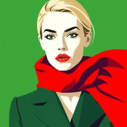 A fashion model with a red scarf against a flat green backdrop