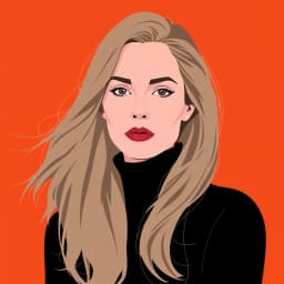 a woman with long flowing hair and a black turtleneck in the clean, minimal style of Alex Katz.
