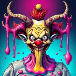 A melting clown with antlers and candy-colored slime