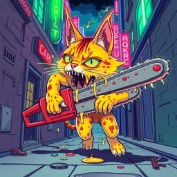 a hybrid of a cat and a chainsaw roaming a neon city alley