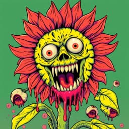 a screaming sunflower with human teeth and dripping eyeballs