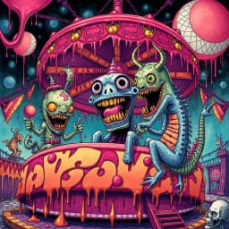 a surreal carnival ride operated by stitched-together creatures