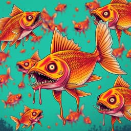 a school of flying goldfish with razor teeth and human faces