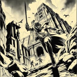 A masked adventurer escaping a collapsing ancient temple

