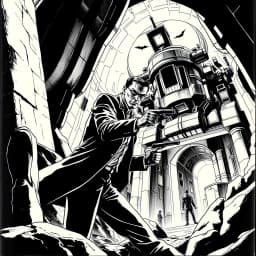 a suave secret agent sneaking into a high-tech enemy base. He should be caught in a tense moment, with sleek shadows and dramatic angles