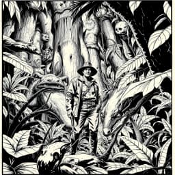 an explorer in a dense alien jungle, with strange plants and creatures surrounding him. Use high contrast lighting to emphasize the exotic and dangerous setting.