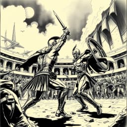a futuristic gladiator duel in an arena, with intense action and futuristic armor.